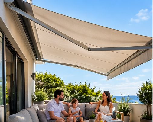 Folding arm awning shading a family on a terrace sofa