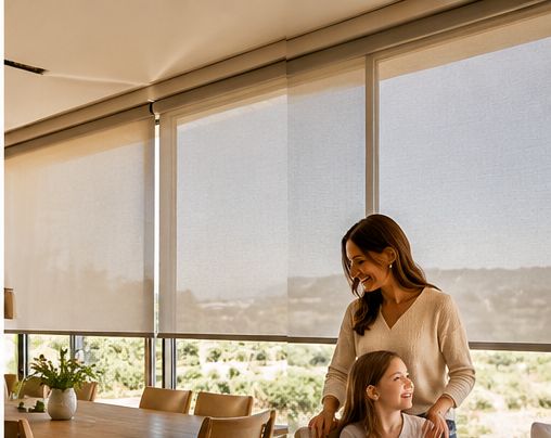 Sheer roller blinds lowered across tall living room windows